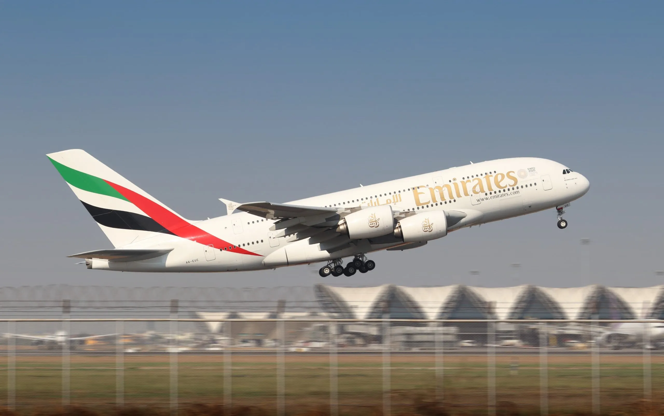 Bangkok Thailand / Jan 04 2020 / Emirates Airbus A380 take off from Suvanarbhumi airport VTBS.