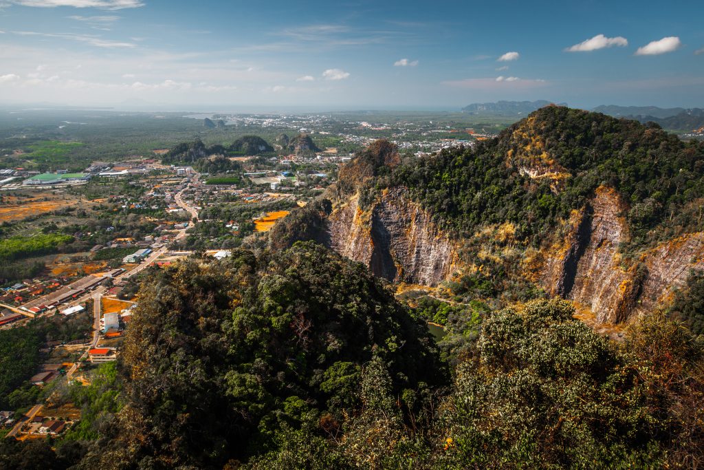 Aerial view of the valley with limestone mountains in Krabi province of Thailand.