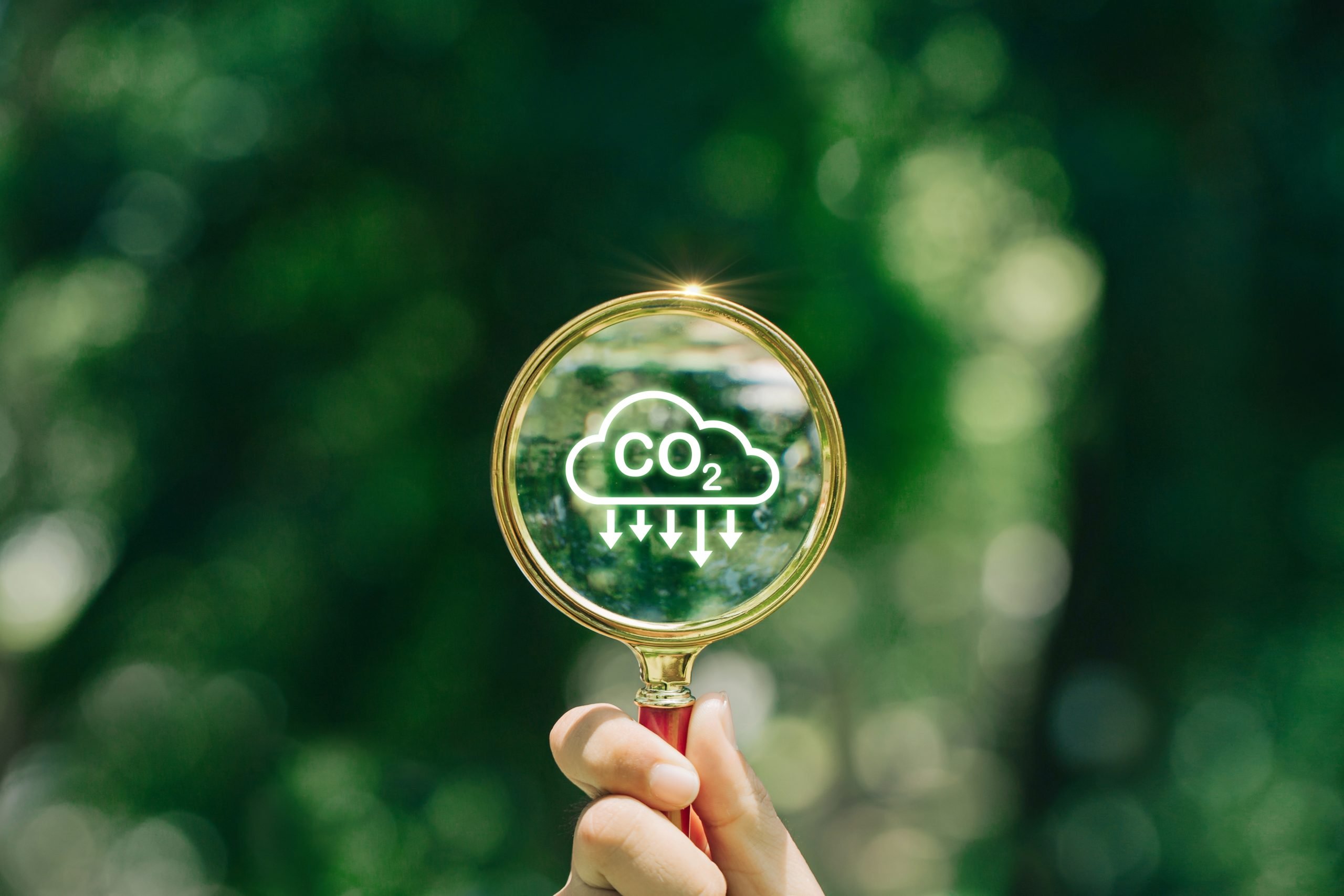 Hand holding magnifying glass with CO2 reduction icon inside.