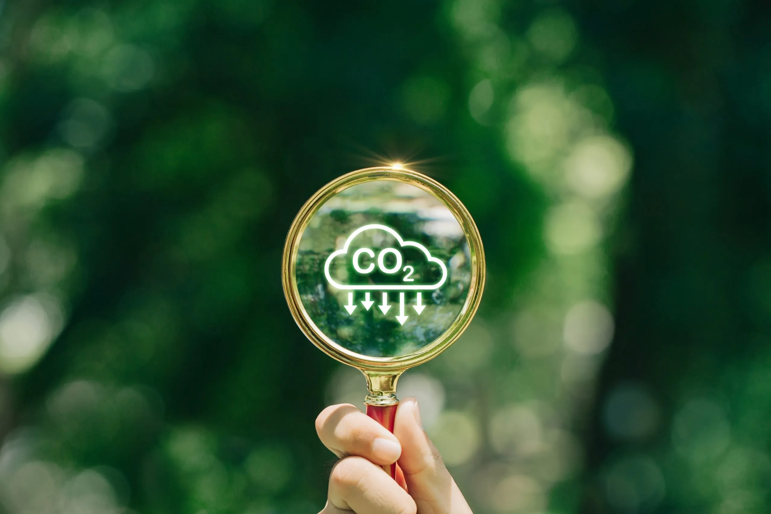 Hand holding magnifying glass with CO2 reduction icon inside.