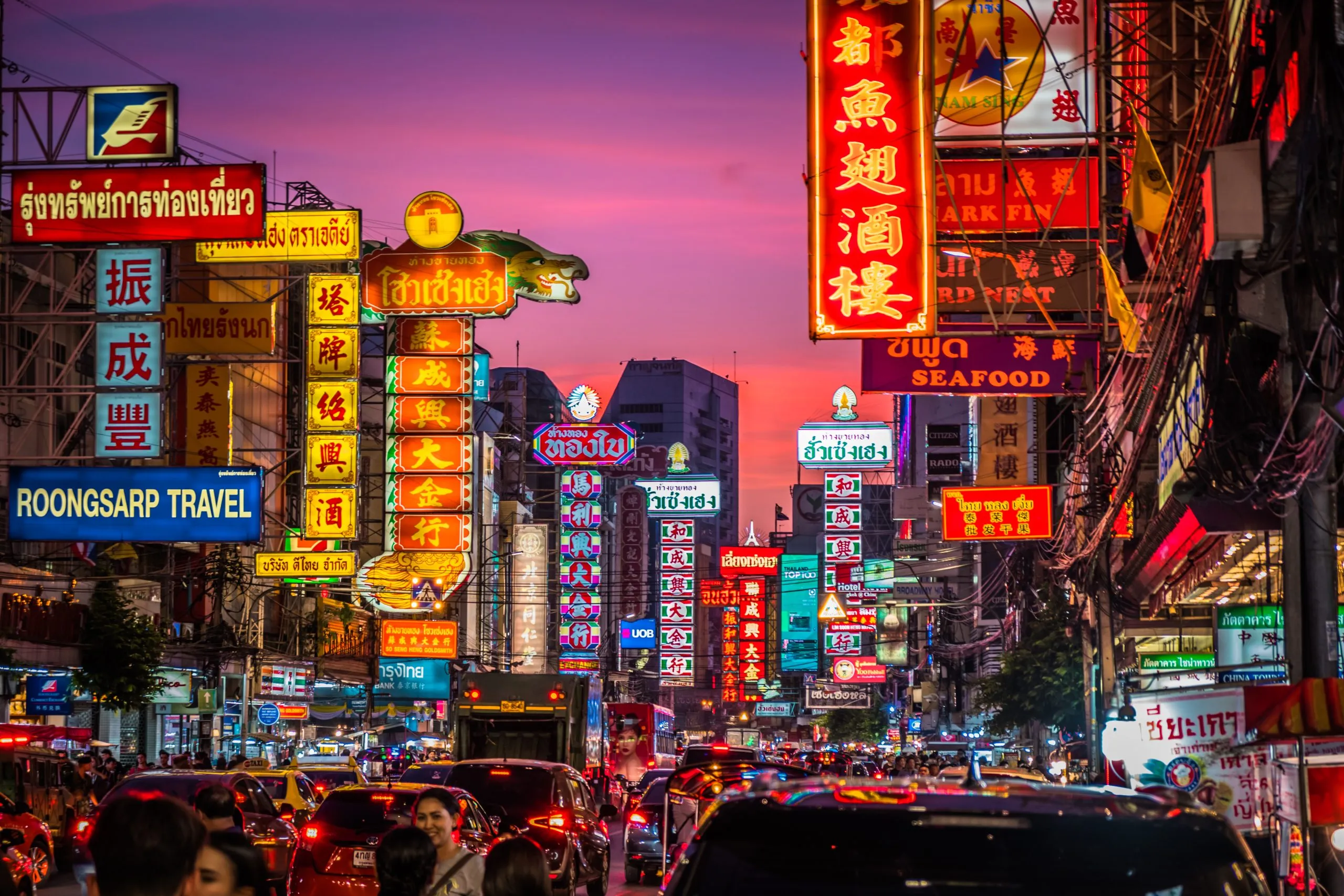 Busy night full of traffic and tourists on Yaowarat Road, also known as Bangkok's Chinatown.