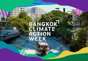 A ferry traveling down the river in Bangkok withe the text overlay of Bangkok Climate Action Week.
