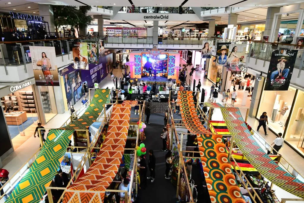 Booths being held at the Colours of Africa event organized at centralwOrld, a Bangkok shopping mall.