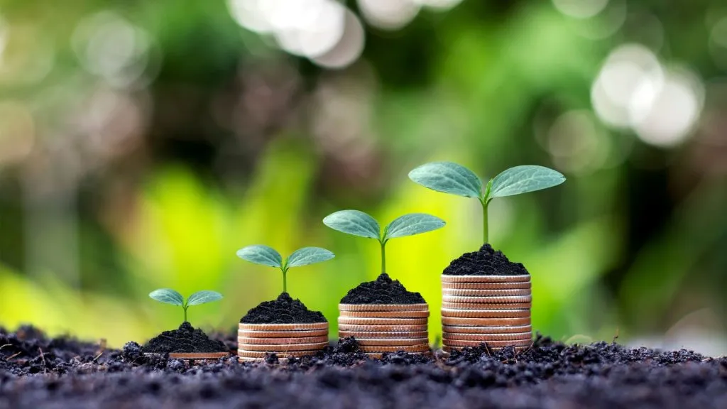 sustainable finance visualized by a row of coins of ascending height with larger and larger plants growing out of each column