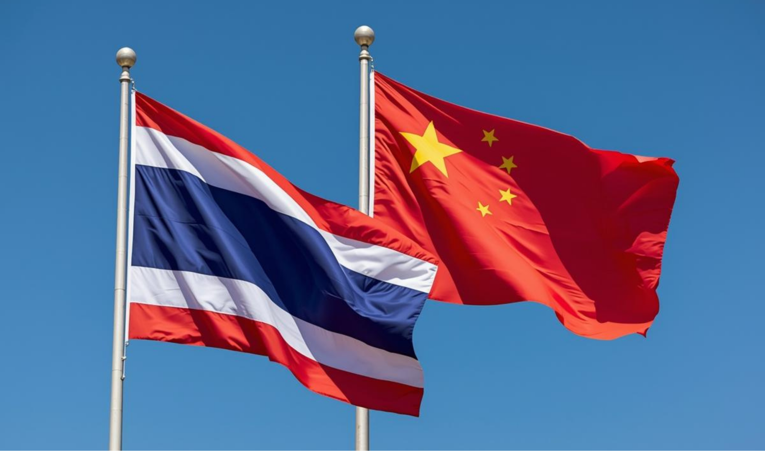 Flags of Thailand and China waving in the wind side by side on a clear blue sky