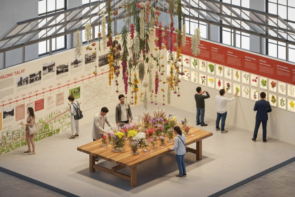 Floral exhibition featuring hanging blooms, a wooden table with domed flowers, and visitors viewing botanical wall displays beneath a high, industrial glass ceiling.