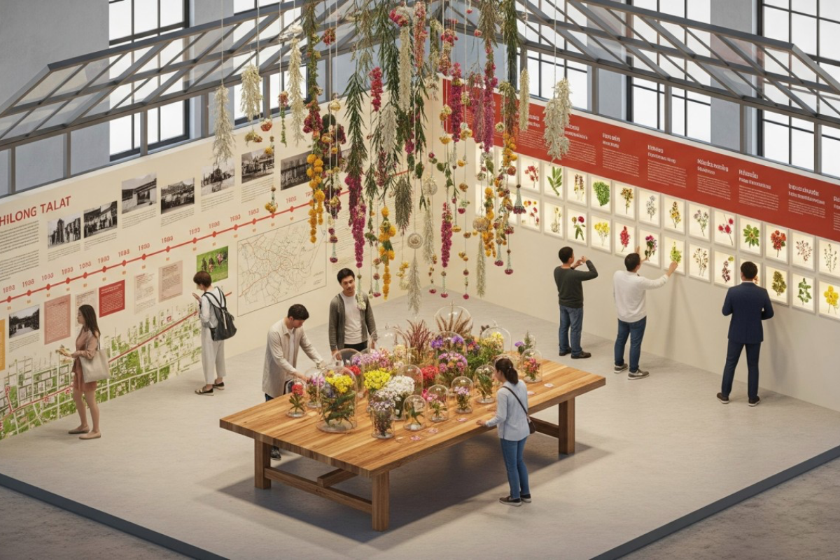 Floral exhibition featuring hanging blooms, a wooden table with domed flowers, and visitors viewing botanical wall displays beneath a high, industrial glass ceiling.