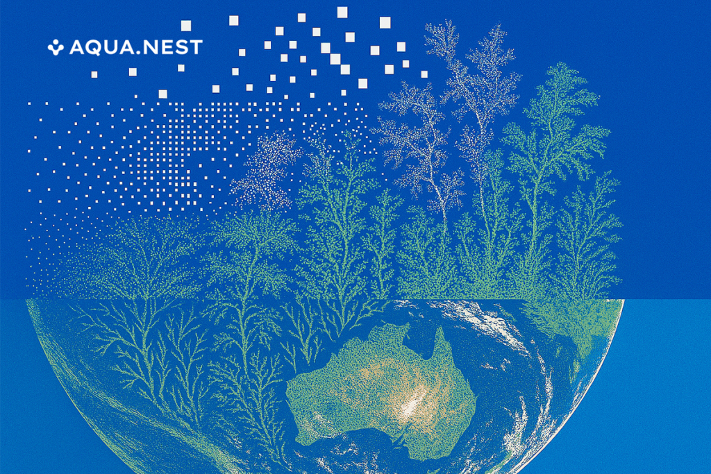 Delicate green tree-like structures rise from a golden globe showing Australia against deep blue. White digital squares float above like falling digital snow.