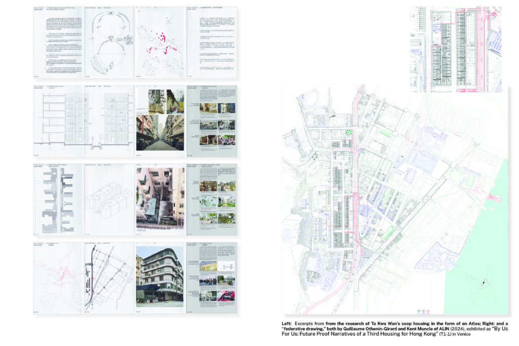 This research collage features architectural pages with building diagrams and street photography alongside a large, intricate urban site plan of Hong Kong housing.