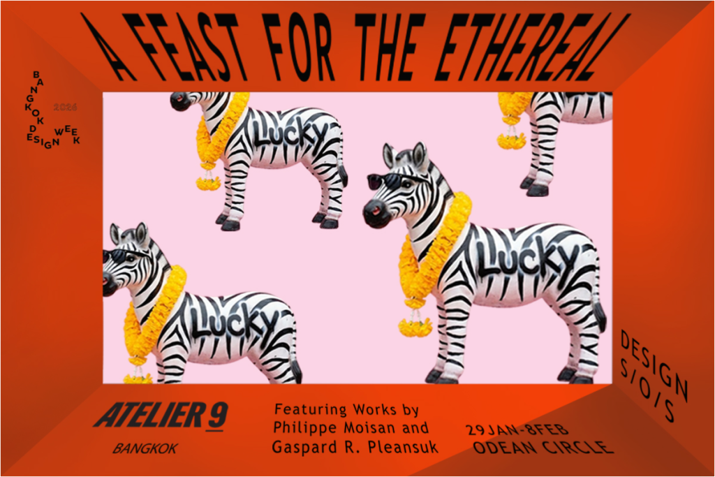 This orange-bordered poster displays multiple zebra statues wearing yellow marigold garlands against pink. One zebra wears sunglasses, and others feature the word "Lucky".