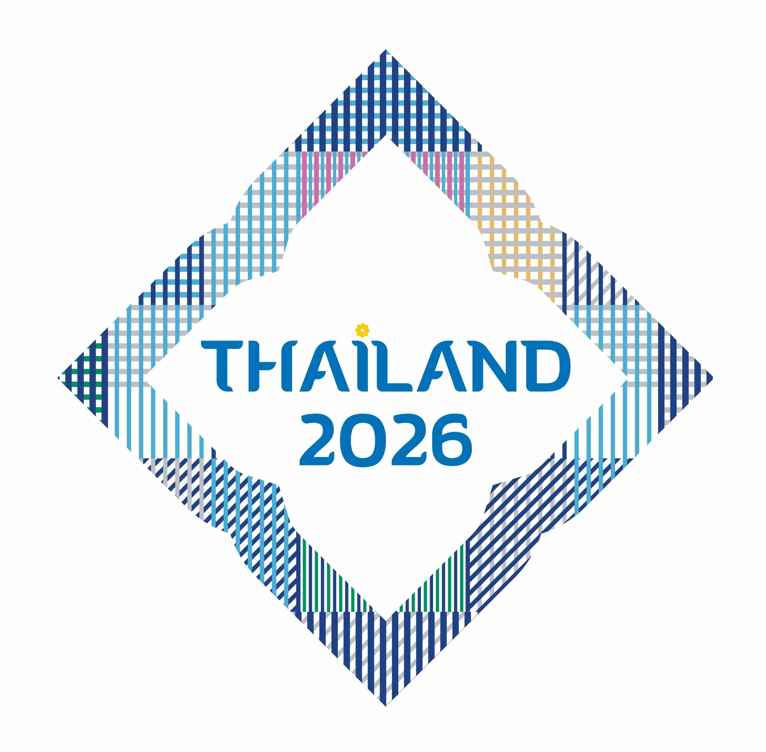 The "THAILAND 2026" logo features blue text inside a diamond frame made of vibrant, multi-colored woven patterns and a small yellow flower detail.