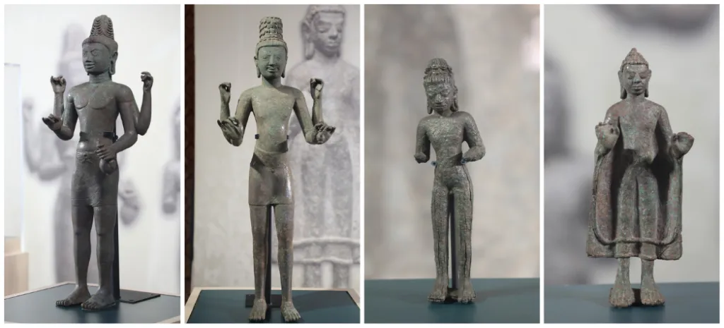 A wide image contains four side-by-side panels of slender, ancient bronze sculptures with weathered, green-brown patinas. Each standing figure displays unique religious iconography, including tiered hair buns, multiple arms, or simple draped robes. Their rough, textured surfaces evoke centuries of history and silent spiritual devotion.