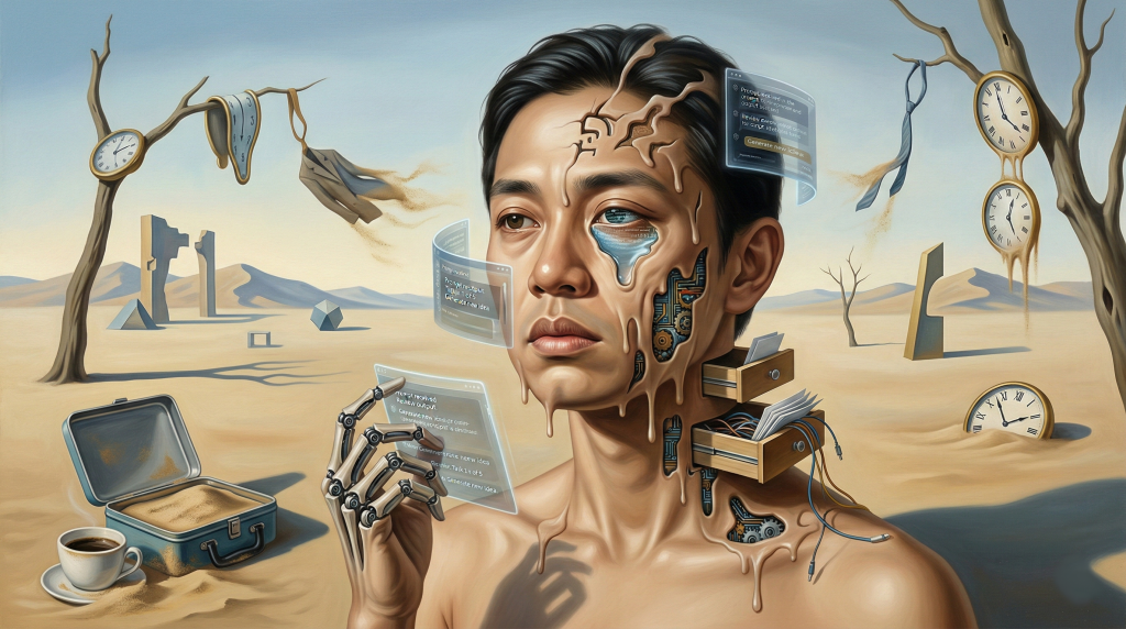 A melting cybernetic man with integrated drawers stands in a surreal desert landscape, surrounded by distorted clocks, barren trees, and floating digital screens against sandy dunes.