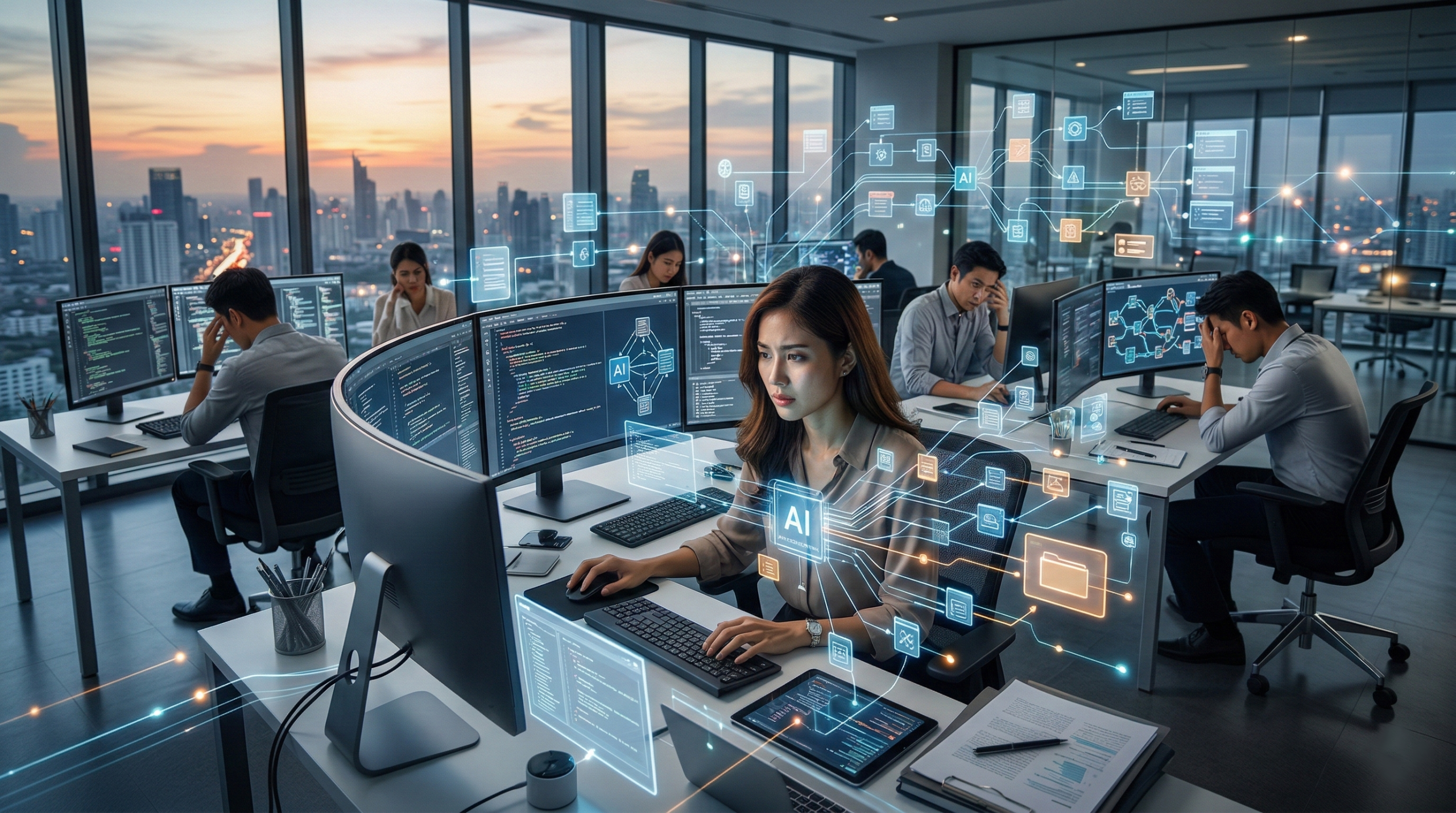 Focused professionals work in a high-rise office at dusk. Glowing holographic AI networks and data icons float between their multiple monitors, set against a sprawling sunset city skyline.