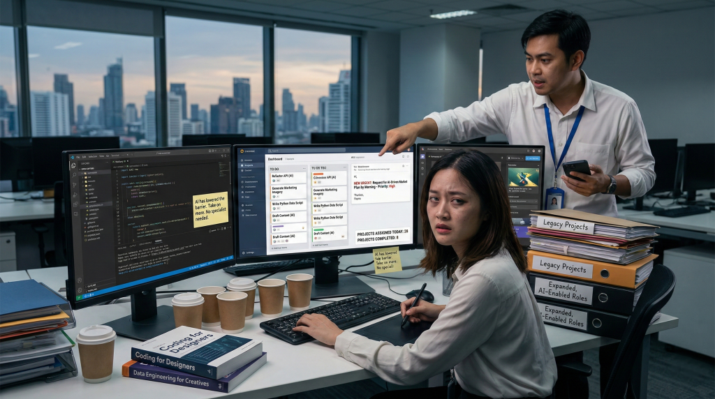 In a stressful office, an overwhelmed woman sits at several monitors while a standing man points. Stacks of binders and coffee cups fill her cluttered city workspace.