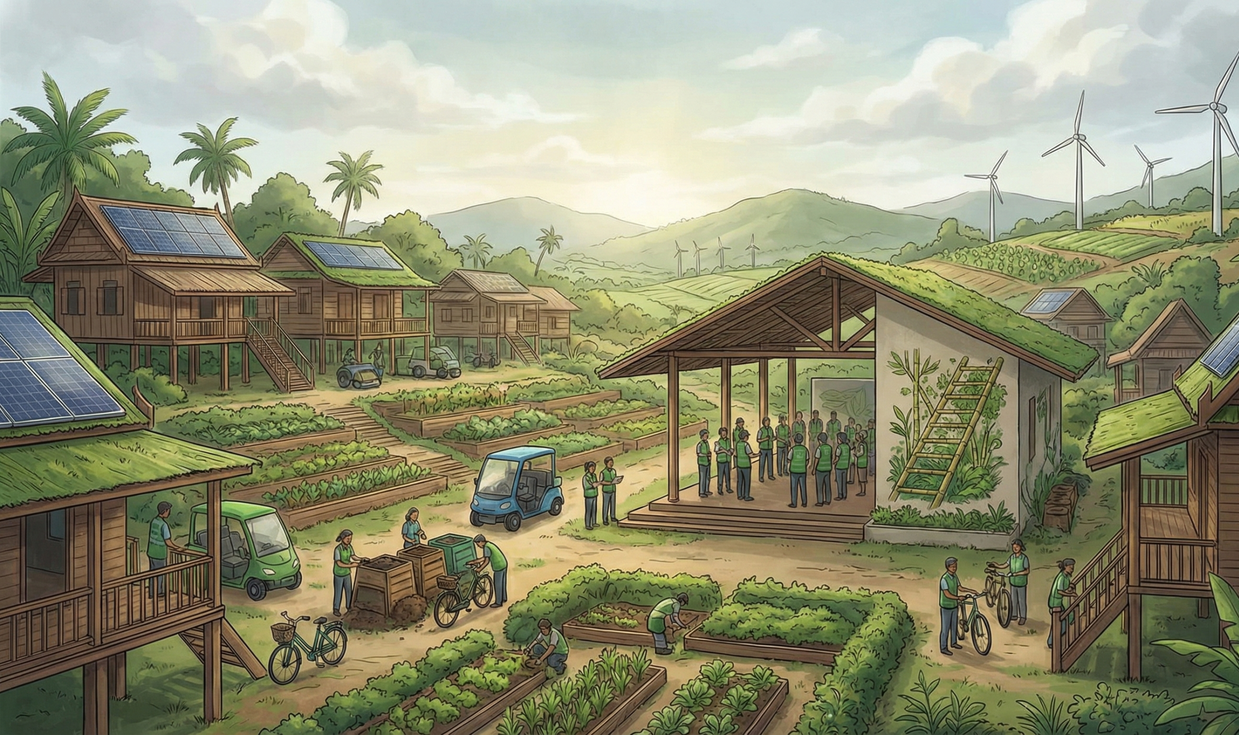 Landscape of Thai houses with solar panels. These buildings are established on green land.