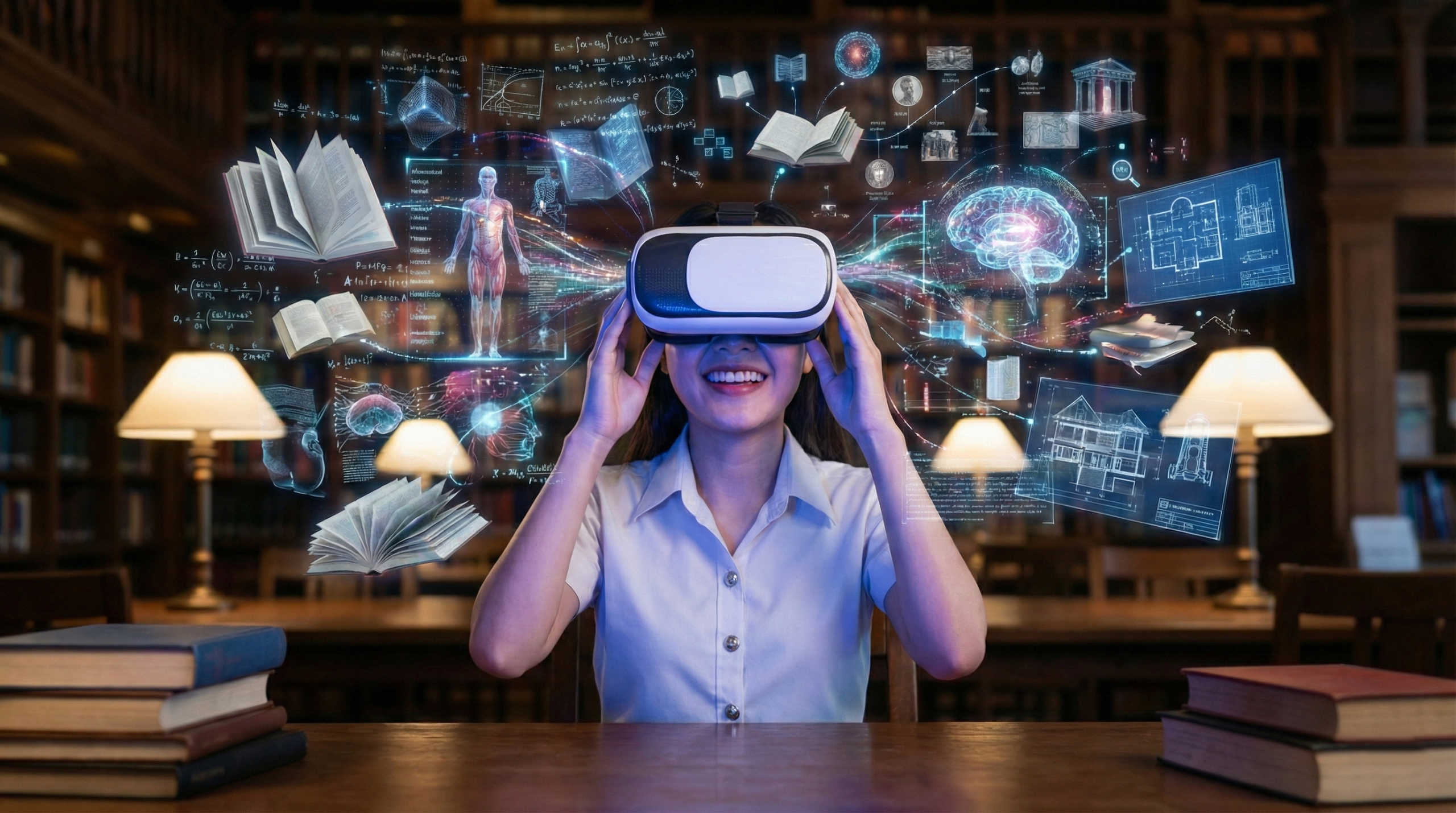 A female uni student wearing VR glasses in a library with holograms hovering near her head.