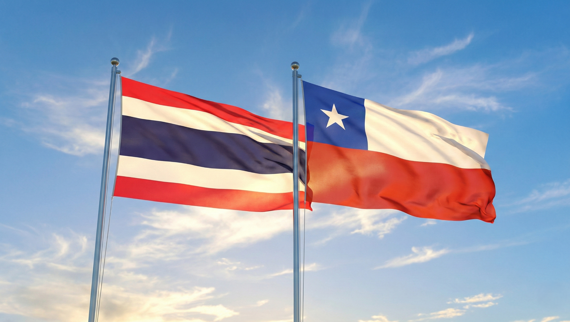 Two national flags, Thailand's tri-color and Chile's star-adorned, wave briskly on tall poles. They stand vibrantly against a luminous blue sky filled with soft, streaky clouds.
