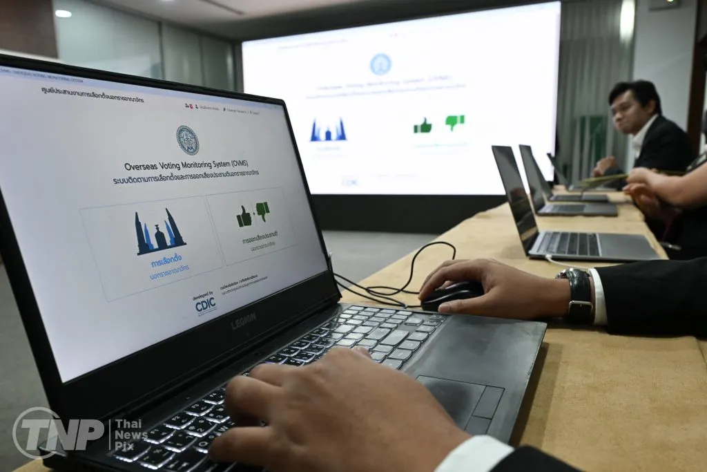 A laptop screen displays a voting monitoring system. Several devices line a long table where officials work, while a large projector in the background mirrors the same software interface.