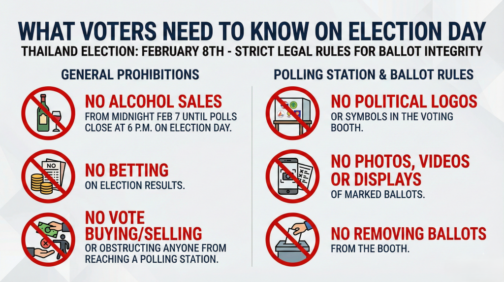 An infographic titled "WHAT VOTERS NEED TO KNOW" features six red "prohibited" circles. Each icon clearly illustrates a ban, such as alcohol sales, betting, and taking photos of marked ballots.