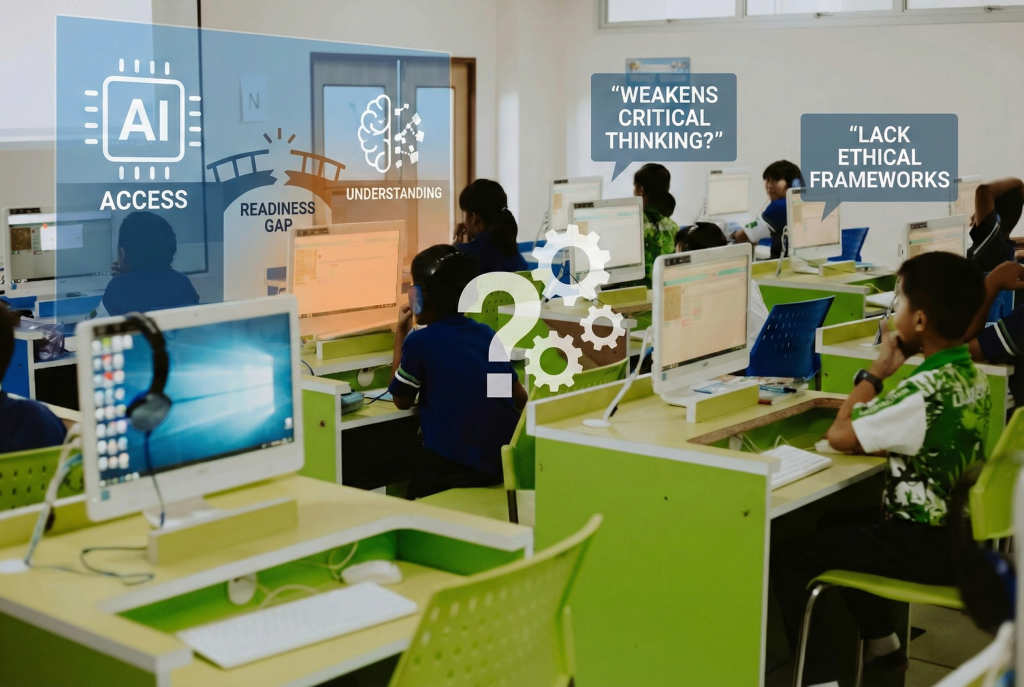 Young students in a bright computer lab are intensely focused on individual screens at lime green workstations. They sit in rows, some wearing blue, others green shirts.