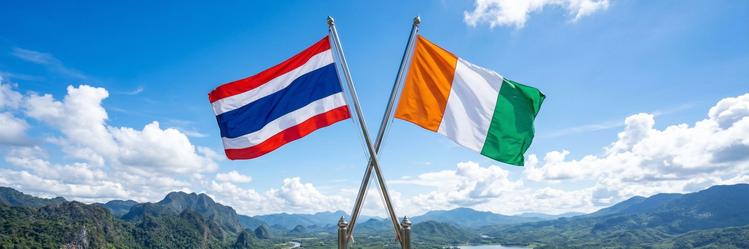 Crossing flags of Thailand and Côte d'Ivoire in the bright sky