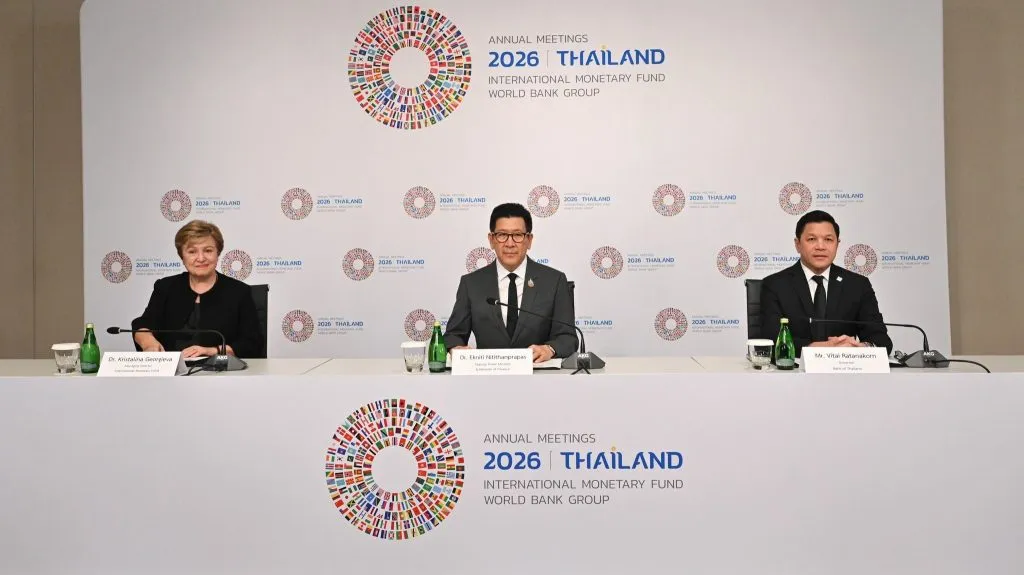 Kristalina Georgieva sits alongside Thai officials at a press panel for the 2026 IMF World Bank Group Annual Meetings.