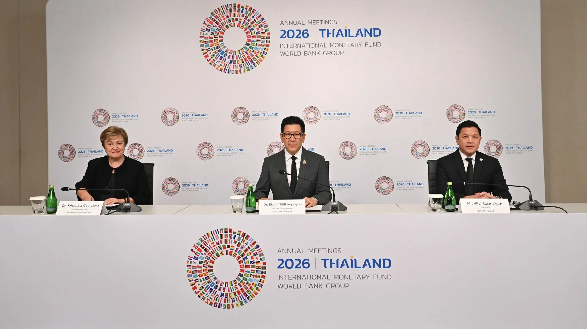 Kristalina Georgieva sits alongside Thai officials at a press panel for the 2026 IMF World Bank Group Annual Meetings.
