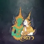 A dark, artistic poster shows an illustration of Phra Ram and Nang Sida in traditional attire.