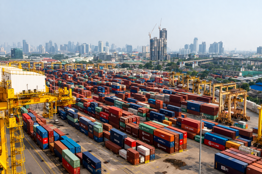Rows and of stacked containers at a port in Thailand.