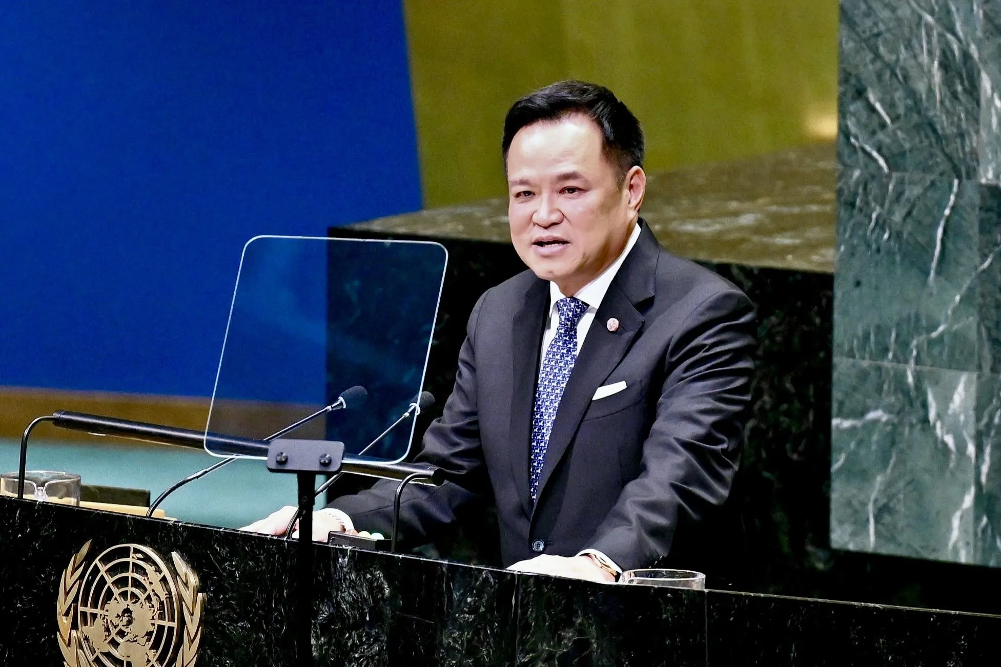 Prime Minister Anutin Charnvirakul speaks at the United Nations General Assembly during UNGA81 in New York on September 24, 2026.