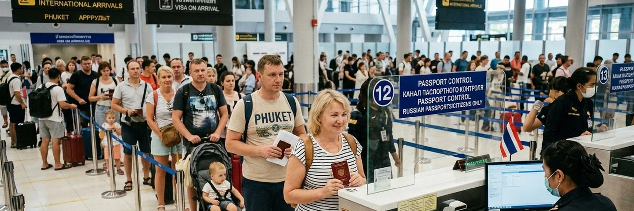 Foreign tourists wait at passport control at Phuket International Airport.