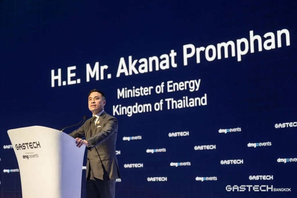 Thailand Energy Minister Akanat Promphan speaks at Gastech 2026