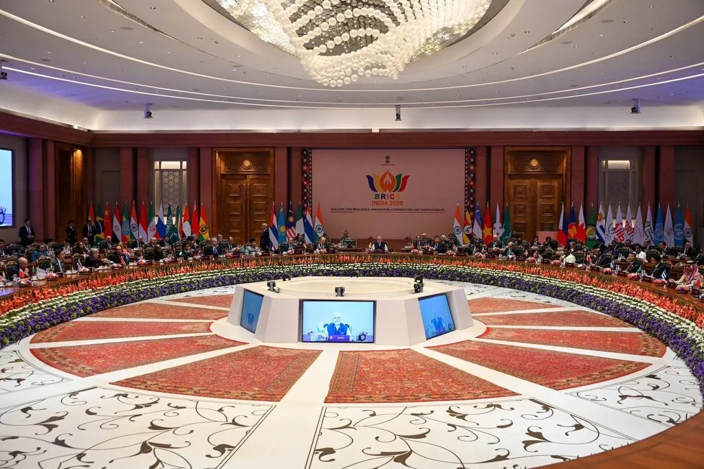 Delegates attend the open session of the 18th BRICS Leaders’ Summit in New Delhi