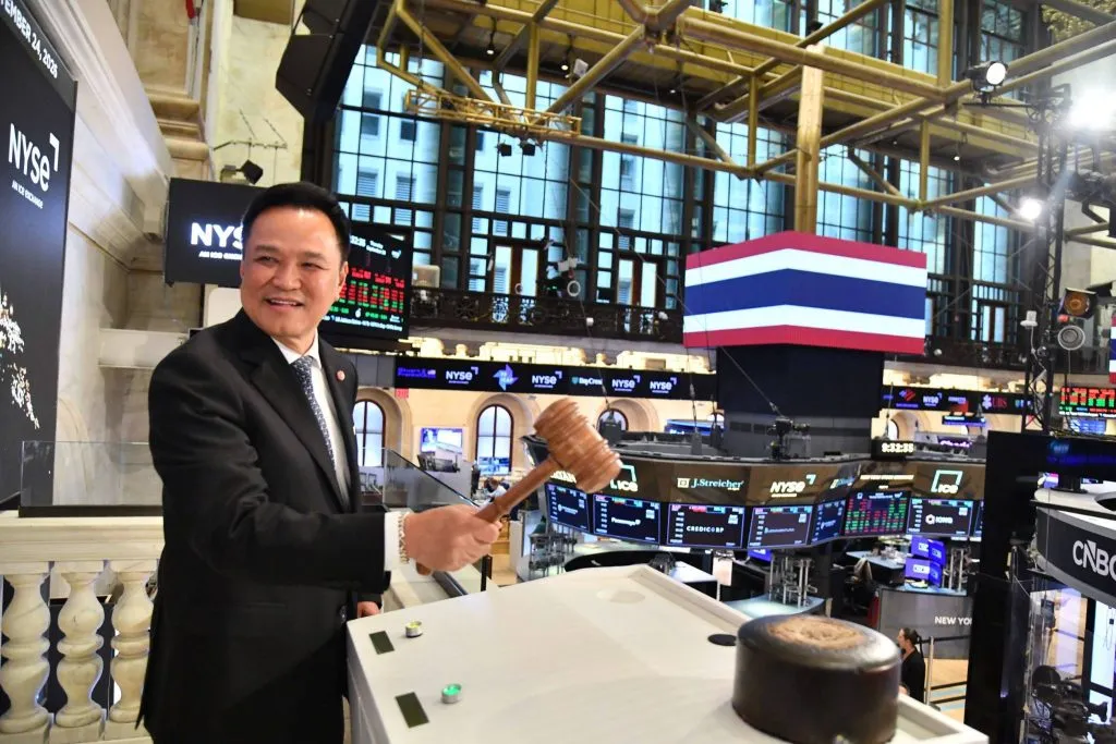 Prime Minister Anutin Charnvirakul takes part in an opening bell ceremony at the New York Stock Exchange on September 24, 2026.