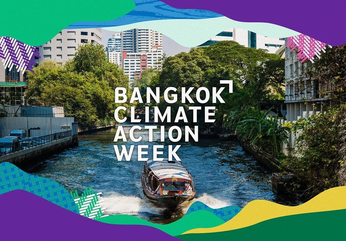 A ferry traveling down the river in Bangkok withe the text overlay of Bangkok Climate Action Week.